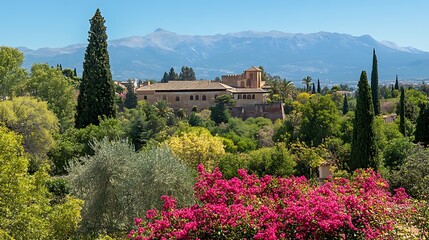 Naklejka premium AI Generate Alhambra Castle Framed By Flower Garden