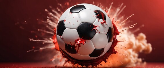 Soccer Ball on Red Explosive Background l concept of a soccer ball with splashes, copy space ,banner
