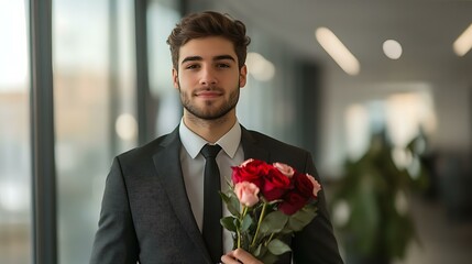 Young business professional standing in an office, holding a bouquet of roses and looking approachable