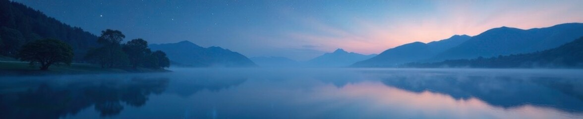 A delicate mist rises from the surface of a serene lake under starry sky with white domes, reflective, calm, serene