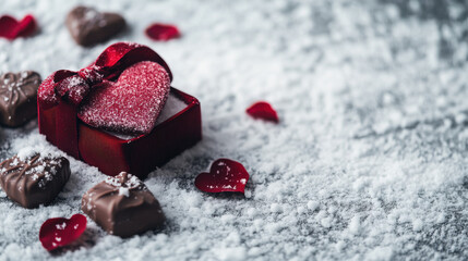 Romantic red velvet ribbon around heart-shaped chocolates on snow-covered table with rose petals: Snowy Valentines Day Aesthetics
