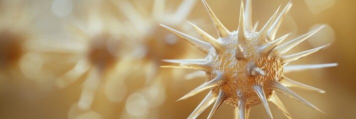 Microscopic view of spiky virus particles showcasing intricate surface details and textures, illuminated by soft golden light