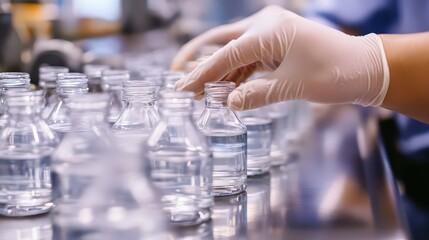 Workers assembling parts in a bottling factory, wearing protective gloves and maintaining strict quality control standards.