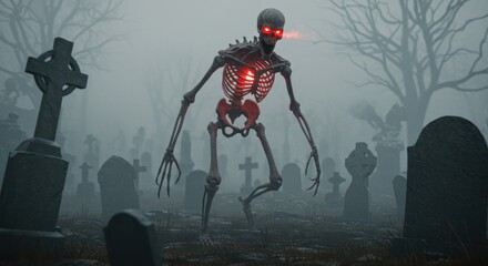 Glowing Skeleton in a Foggy Graveyard: A Dark Fantasy Illustration