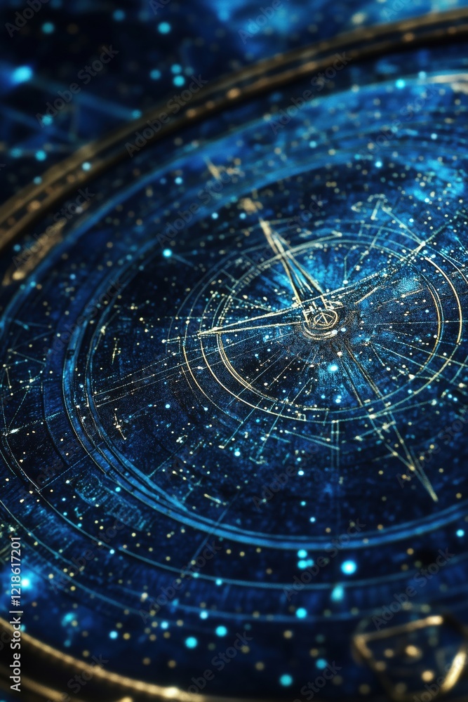 Poster cosmic clock design featuring intricate golden patterns and starry background, evoking mystical time