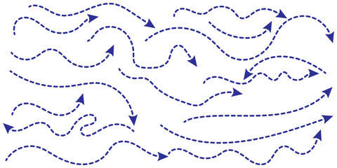 Set of hand drawn thin dash line arrows. Collection of curved pointers. Blue dot vector pointers pointing in different directions. Simple design elements of signpost showing confusing complex path. 