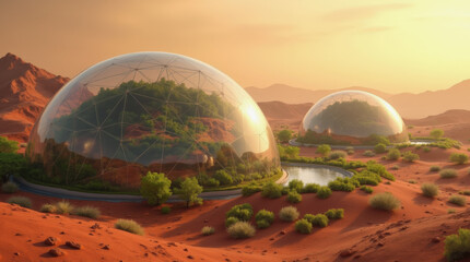 Two large glass domes sit amid the arid desert, housing lush greenery inside. Sunlight casts a warm glow, highlighting the contrast between nature and the surrounding barren land