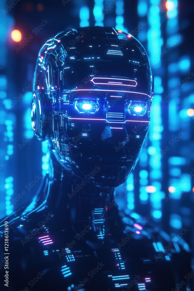 Poster futuristic humanoid robot with glowing blue eyes and digital circuitry, set against a backdrop of ne