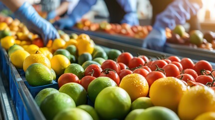 Workers sorting fresh fruits on a conveyor belt in a well-lit agricultural packaging facility.