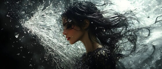 Obraz premium a woman standing against a shattered glass wall, breaking through metaphorical chains, symbolizing breaking societal barriers. international women's day