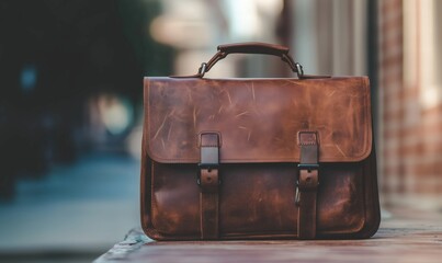 Brown leather briefcase on wooden table, showcasing craftsmanship and vintage style, perfect for professionals and students