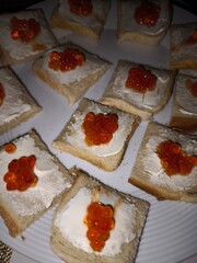 Elegant square canapes featuring cream cheese, topped with vibrant salmon roe, garnishing pristine white ceramic serving plate. Ideal for parties, buffets, and stylish aperitifs