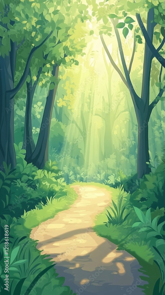 Poster serene forest path illuminated by sunlight, surrounded by lush greenery and tall trees, creating a t