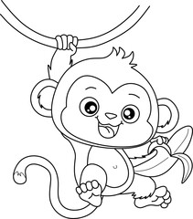 Monkey cartoon line art for coloring book pages
