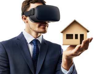 Isolated Man Holding Miniature House with VR Headset