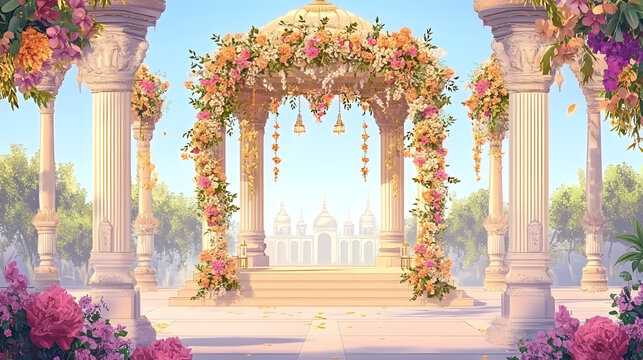 indian wedding mandap illustration, traditional theme with floral decor and arch
