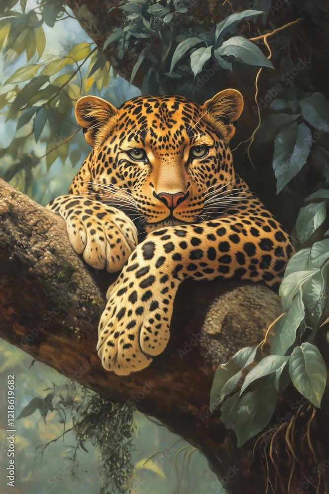 Poster leopard resting on tree branch in lush jungle environment, showcasing striking fur patterns and inte