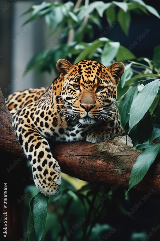 Poster leopard resting on tree branch surrounded by lush green leaves, showcasing striking coat patterns an