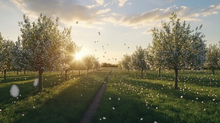 Obraz premium Serene Breeze Through Flowering Trees at Sunset