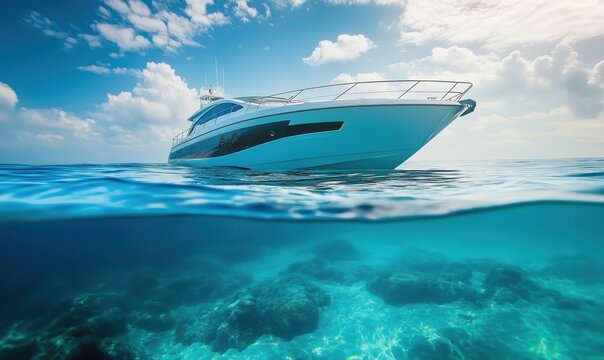 Luxury yacht cruising over crystal clear waters revealing underwater rocks and marine life, bright blue sky with fluffy clouds - Powered by Adobe
