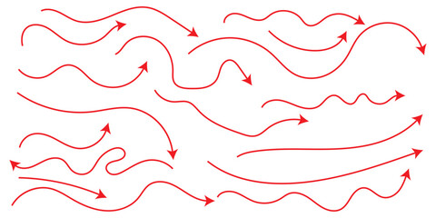 Simple Hand-Drawn Arrow Set Red Vector. Hand drawn thin line arrows set. Many vector curvy and wavy arrows isolated on white background. Isolated vector arrows, hand drawn 