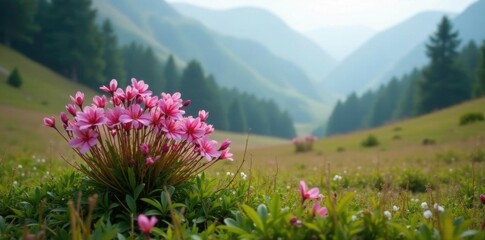Fototapeta premium A delicate pink flower bush thrives in the misty highland air, highland, evergreen, landscape