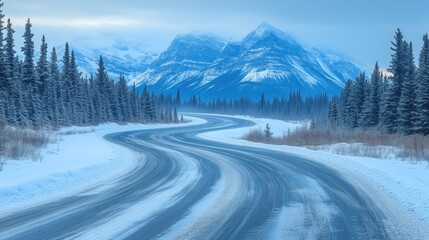 Snow-covered road winding through the mountains with pine trees generated AI