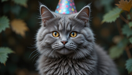 Obraz premium close-up portrait of a fluffy gray cat wearing a festive party hat, ready for celebration, outdoors, leaves in the background