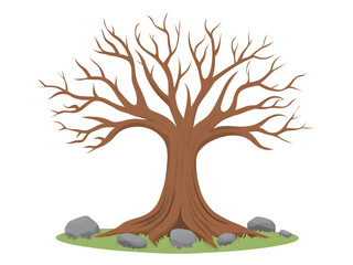A cartoon illustration of a leafless tree with a thick trunk and gnarled branches surrounded by rocks and grass. transparent background, cut out, PNG 3D Digital Art, clip art.