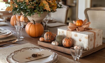 Elegant Thanksgiving Table Setting with Decorative Pumpkins, Festive Gifts, and Autumnal Flowers, Creating a Cozy and Inviting Atmosphere for Family Gatherings
