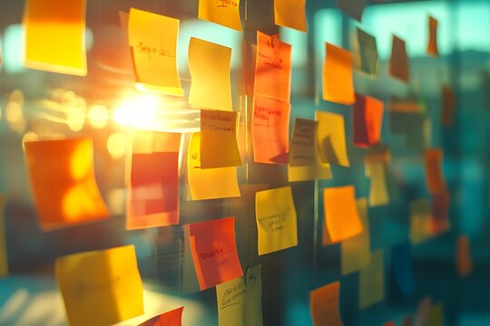 Sunlight shining on sticky notes on glass wall in office