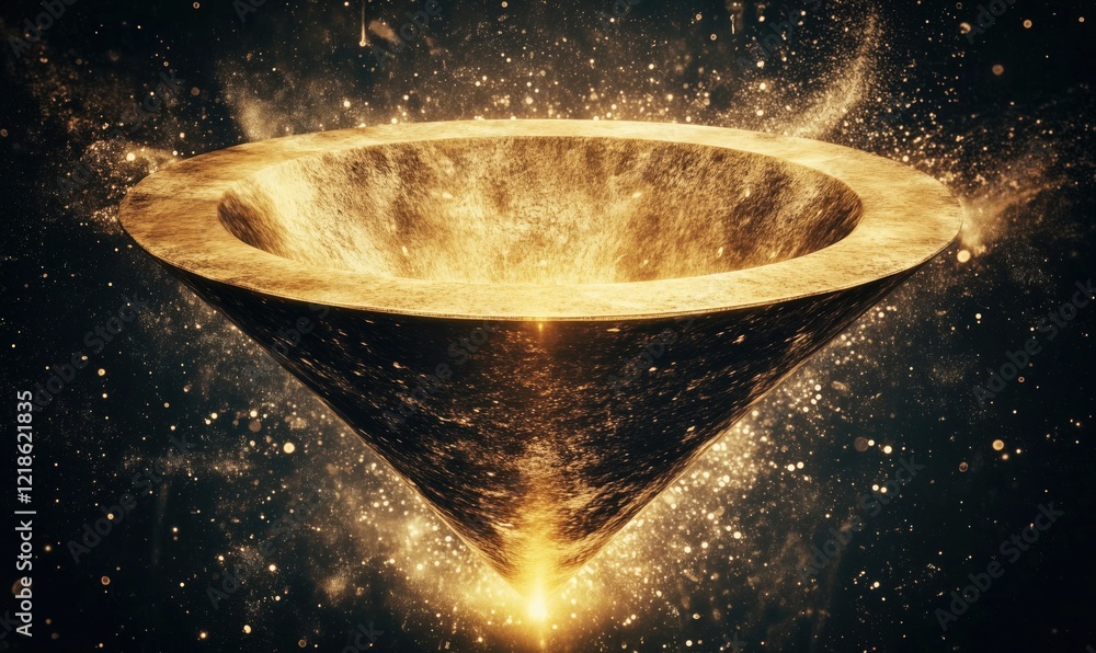Poster golden vortex with cosmic background, swirling particles and light effects, creating a mesmerizing v