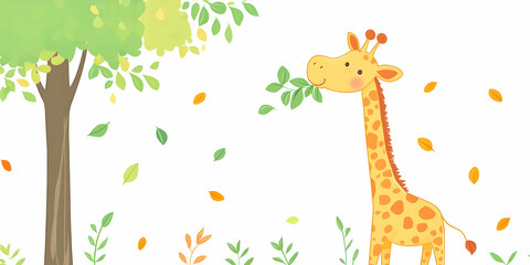 Adorable cartoon giraffe eating leaves from a tree, surrounded by falling autumn leaves and greenery. Perfect for children's books, cards, and prints.