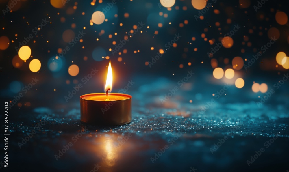 Poster candle flame illuminating dark space with bokeh lights, creating a serene and tranquil atmosphere
