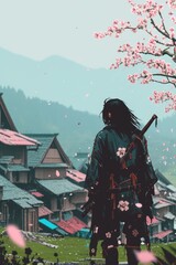 Fototapeta premium Samurai Stands Before Village Amidst Cherry Blossoms