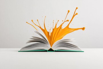 Open book with vibrant orange splash illustrating creativity and