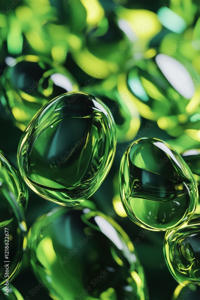 Aufkleber translucent green gel-like spheres reflecting light, creating a vibrant abstract background with dep