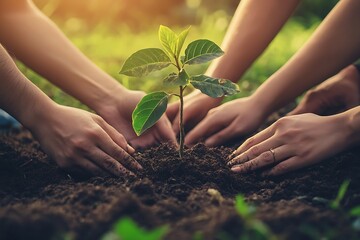 Fototapeta premium Farmers planting young tree in fertile soil at sunset