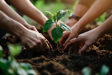 Fototapeta premium Farmers planting young tree in fertile soil at sunset