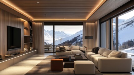Fototapeta premium A Luxurious Living Room With Floor-To-Ceiling Windows Showcasing A Breathtaking Snowy Mountain View. The Room Is Decorated In Warm, Natural Tones With Modern Furniture.