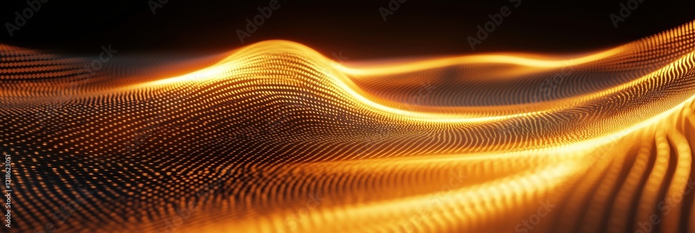 Poster dynamic golden wave patterns with glowing lines and dots creating a mesmerizing visual effect