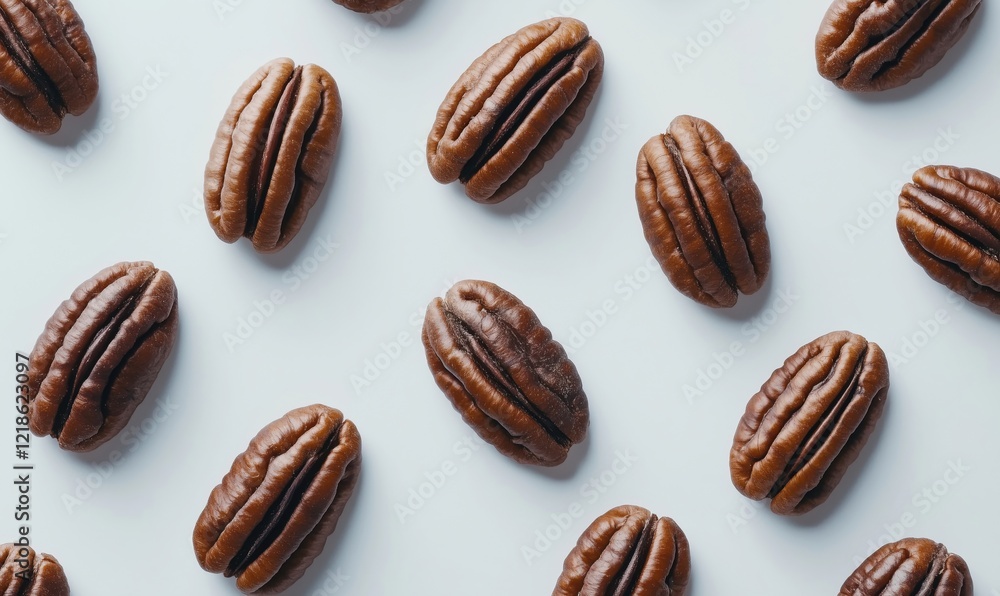 Poster pecan nuts arranged in a symmetrical pattern on a light background showcasing their rich brown color