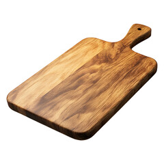 a dark brown rectangular wooden cutting board with a small handle, isolated on a transparent background, cut out, PNG 3D Digital Art, clip art.
