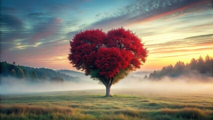 A majestic red heart-shaped tree stands alone in a serene landscape with soft fog rolling in, its branches stretching towards the sky like outstretched arms , forest scenery, heart shaped tree