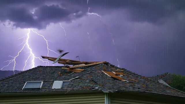 Lightning storm damages house roof; rain, destruction