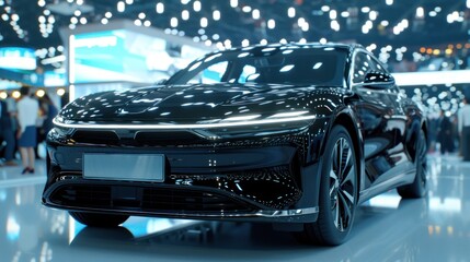 Black Luxury Car Front View In Bright Exhibition Hall.
