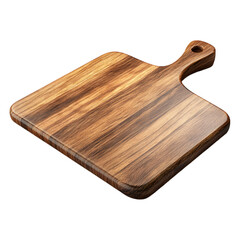 A high quality dark brown square wooden cutting board is shown isolated on a transparent background, cut out, PNG 3D Digital Art, clip art.
