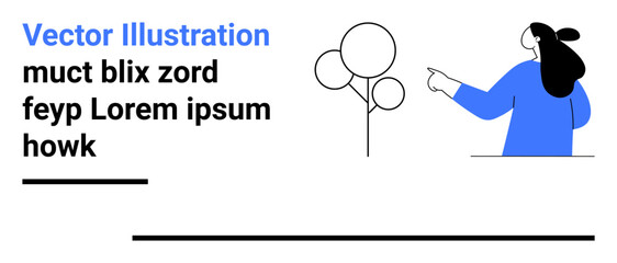 Person in blue clothing pointing at a minimalistic tree, accompanied by text and black lines. Ideal for websites, educational materials, presentations, infographics, blogs, digital media