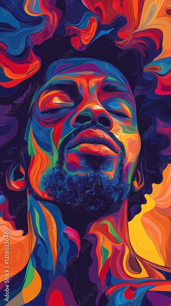 Poster vibrant abstract portrait of man with colorful swirls and textures, expressing emotion and depth