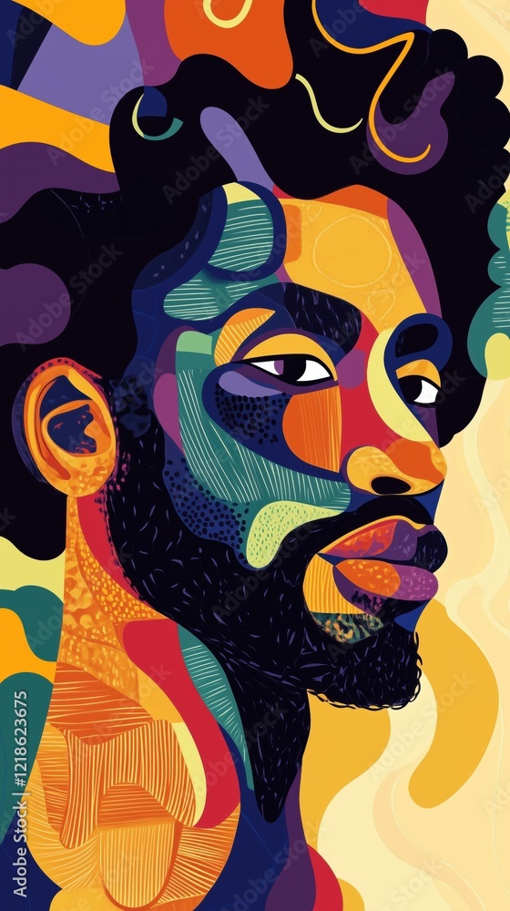 Poster vibrant abstract portrait of a man with colorful patterns and textures, expressive features and arti